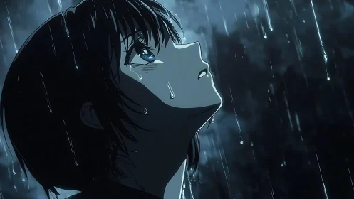 Anime profile portrait studies reflective gaze under heavy rain