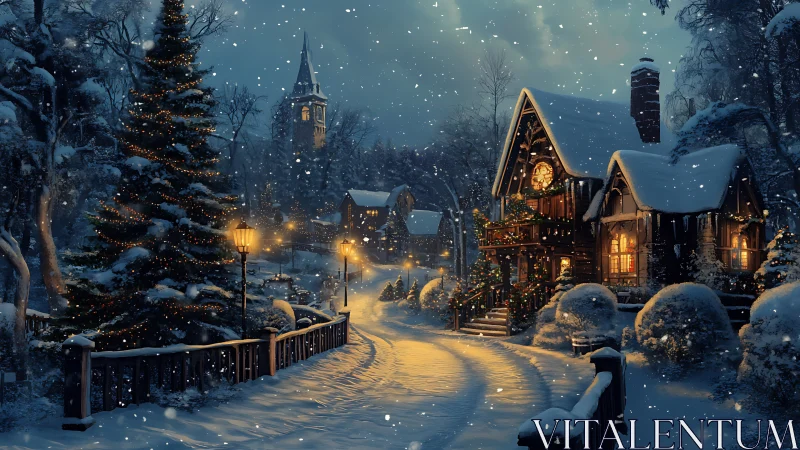 Nocturnal winter village with illuminated cottage architecture.