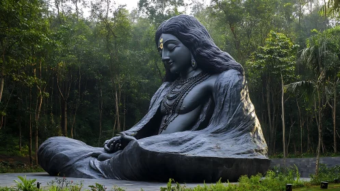 Forest-veiled meditative goddess statue in basalt stillness.