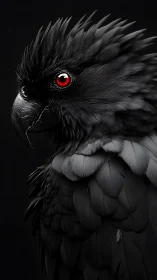 Midnight obsidian parrot with blazing crimson eye stares.