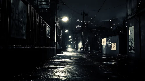 Rainy urban alleyway at night with wet reflective street.