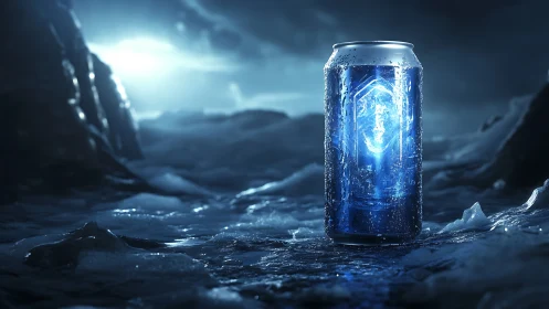 Icy energy drink can glowing on frozen alien shore.