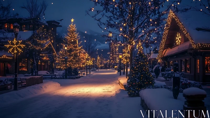 Snowy village street shows dense winter holiday lighting