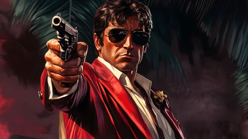 Ballistic close-up of suited gunman in stylized tropic dusk.