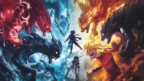 Elemental warriors clash amid spectral beasts and energy storms.