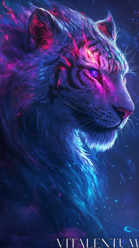 Starlit neon tiger gazes through cosmic twilight dreamscape.
