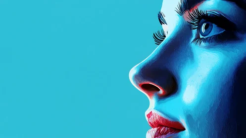 Electric gaze leans toward tomorrow in neon blue silence