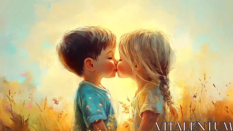 Two Children Kissing in Golden Meadow.