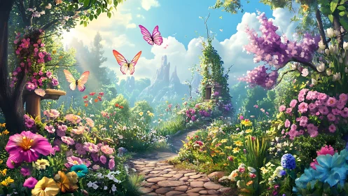 Butterflies move above a densely detailed fantasy garden path