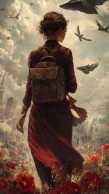 Woman with backpack walks through red flowers toward city