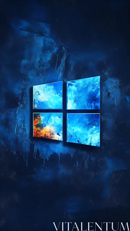 Cool glowing window logo brightens a deep textured blue wall