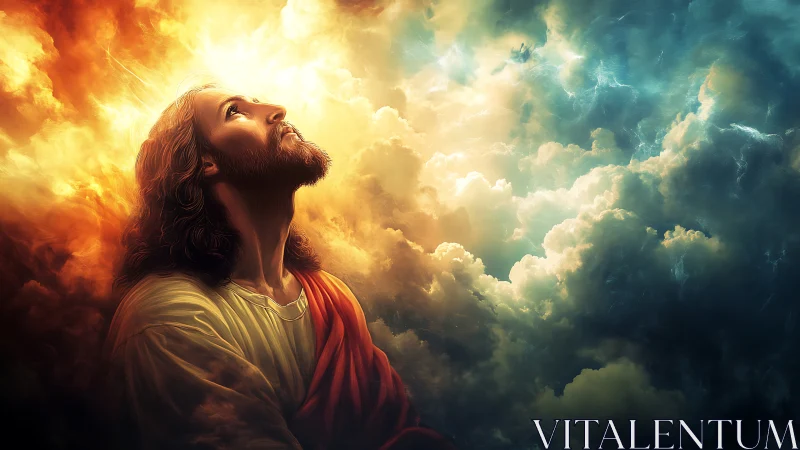 Digital sacred portrait against dramatic heavenly sky.