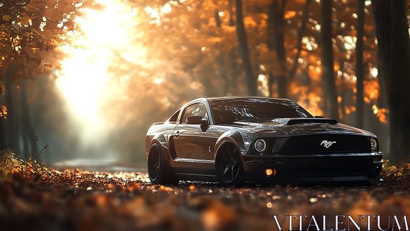 Muscle car glides through sunlit autumn forest avenue.