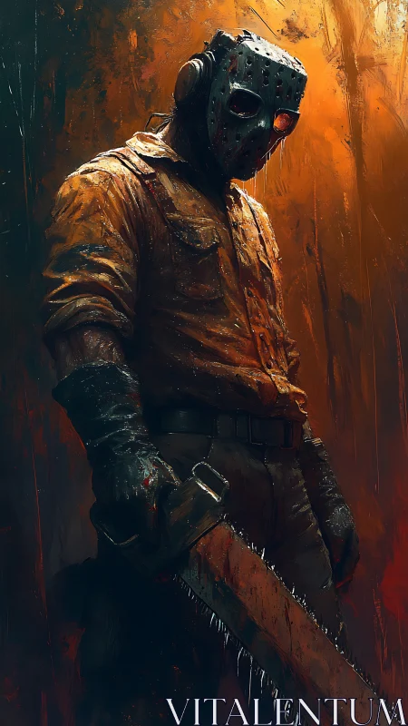 Masked killer holds bloodstained chainsaw in fiery gloom
