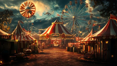 Enchanted carnival midway under stormlit twilight sky.