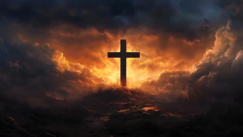 Luminous crucifix silhouettes against apocalyptic storm clouds