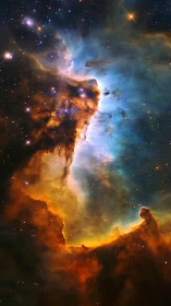 Ionized stellar nursery with dust pillars and emission fronts.