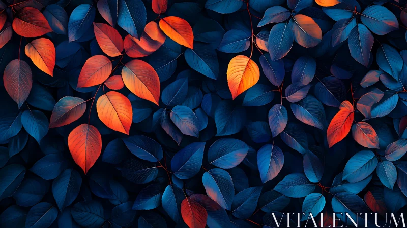 Vibrant orange foliage layered over deep indigo leaves.