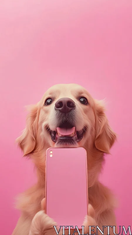 Golden retriever holding smartphone against uniform pink backdrop.