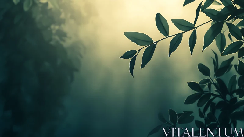 Sunlit green leaves in soft-focus nature background, tranquil style.