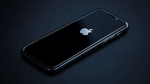 Black smartphone with illuminated Apple logo on dark background