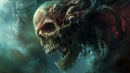 Haunting cosmic skull adrift in swirling dreamlike mist.