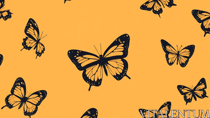 Monarch silhouettes drifting across rich amber field.