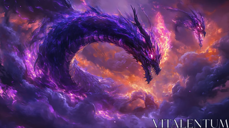 Purple spectral dragon forms in vivid storm cloud sky.