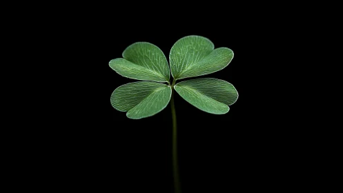 Four leaf clover macro on black with luminous veins.