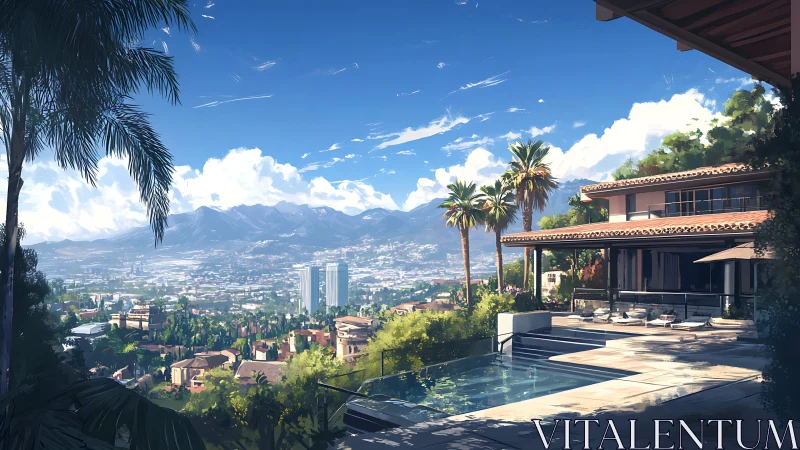 Hillside luxury villa terrace with pool and city panorama.