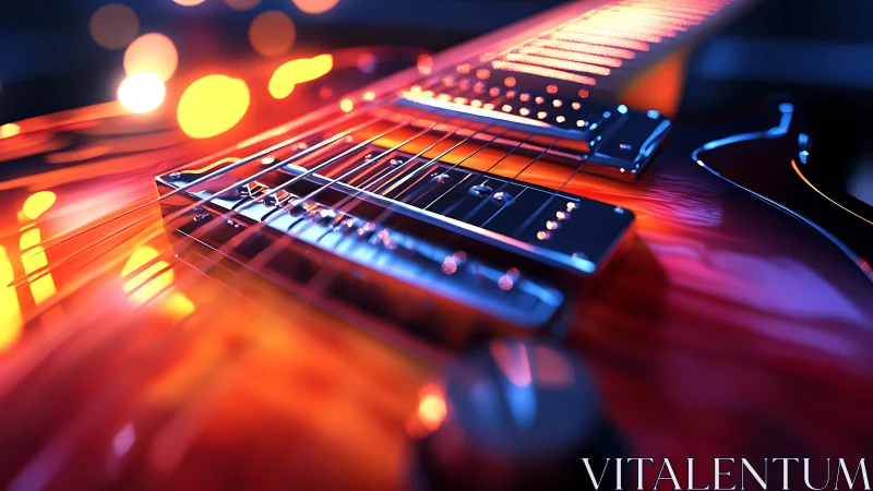 Electric guitar macro under vivid neon concert lighting.