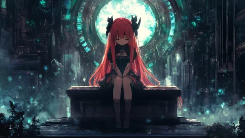 Crimson-haired oracle before a glowing celestial gate.