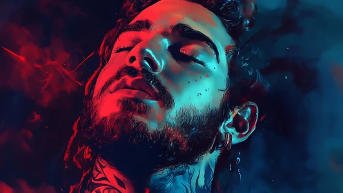 Electric calm bathes a tattooed dreamer in neon twilight haze