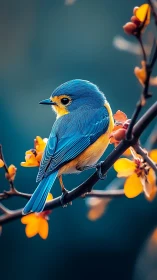 Blue songbird on flowering branch in teal bokeh glow.