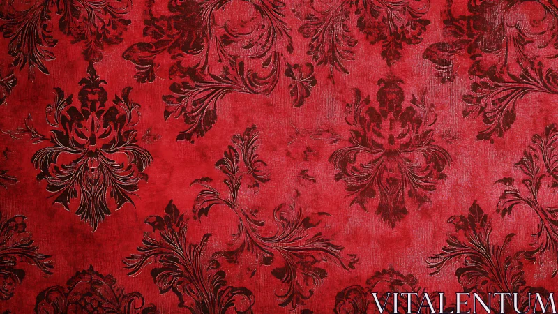 Red damask wallpaper with ornate baroque floral scrolls.