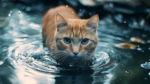 Feline Portrait: Blue-Eyed Cat Swimming Through Tranquil Waters.