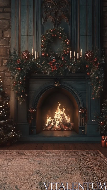 Emberlit holiday hearth wrapped in garlands and candlelight.