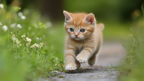 Ginger kitten discovers the world on a garden path.