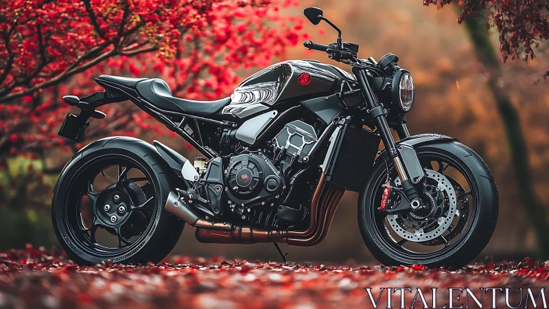 Custom black cafe racer motorcycle contrasts with vivid autumn foliage