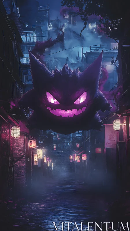 Ghostly purple creature floats over misty neon alley.