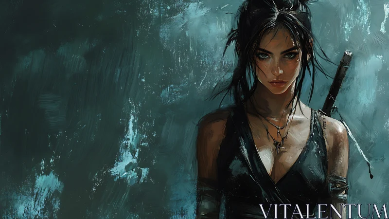 Brush-textured warrior portrait with cinematic teal lighting.