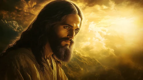 Bearded robed figure against luminous sky and landscape.