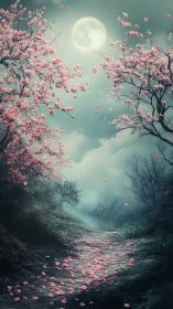 Moonlit path framed by blooming pink cherry blossom trees