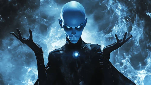 Alien sorcerer commands blue cosmic energy in dark void