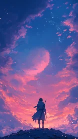 Lone wanderer gazes into a radiant pink and blue sky of hope