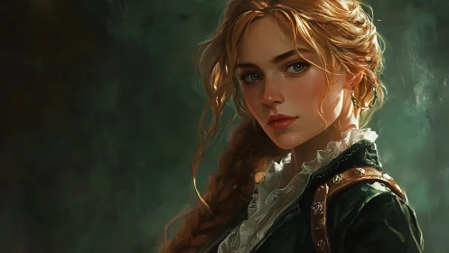 Warm-eyed adventurer in soft painterly forest light.