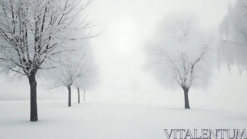 Frosted winter trees align through silent white fog.