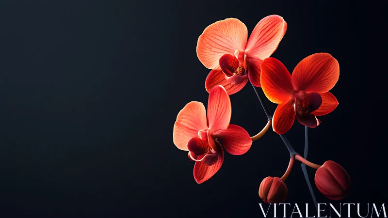 Red orchid specimens against dark background exhibit bilateral petal symmetry.