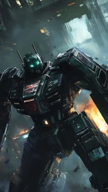 Cyberpunk combat mech in vertical dystopian cityscape rendering.