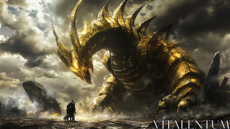 Giant golden armored dragon confronting lone ground figure.